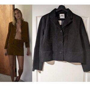 NEW Zara | Suede Leather Button-down Blazer In Black